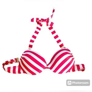 MOSSIMO Halter Bikini Top Hot Pink Stripes Padded removable U-Hook back, Sz Lg